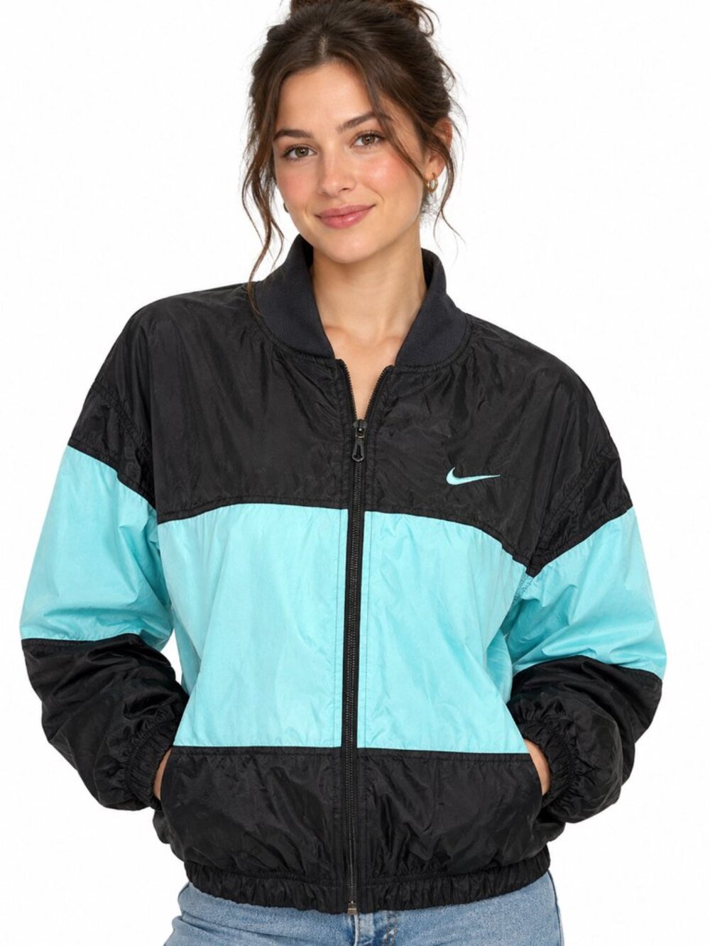 Vintage Nike Colorblock Blue Black Full Zip Windbreaker Jacket Women's M